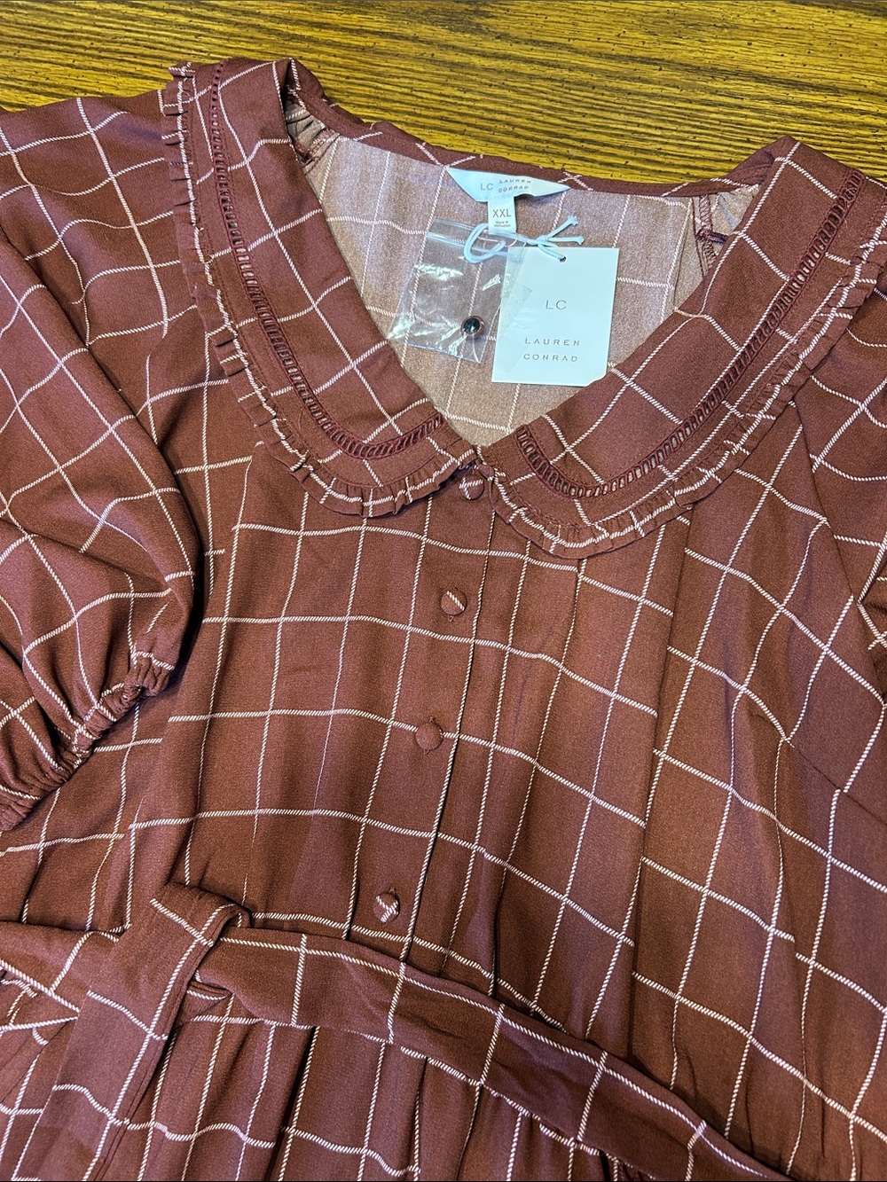 XXL Lauren Conrad Rust Plaid Ruffle Collar Button-Front Dress NEW